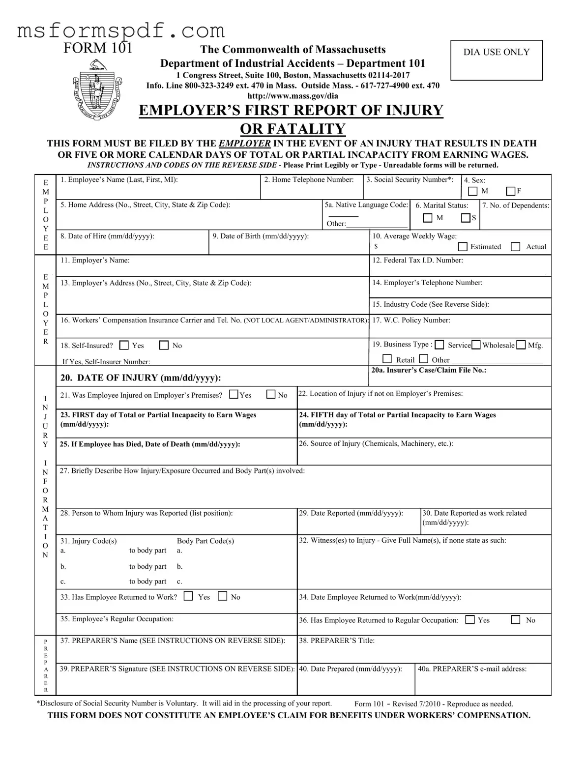 Free 101 Massachusetts Template in PDF