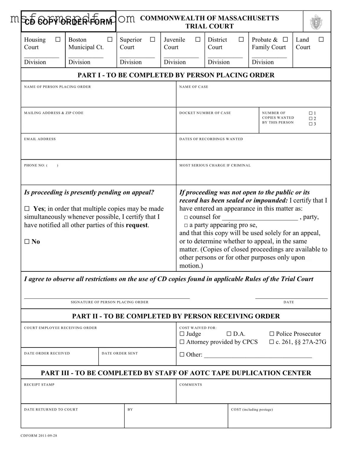 Free Cd Copy Order Massachusetts Template in PDF