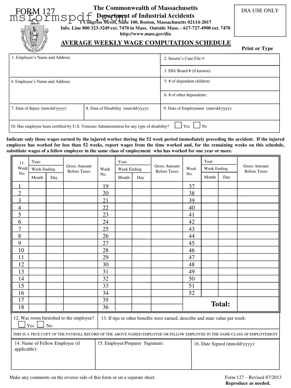 Free Massachusetts 127 Template in PDF
