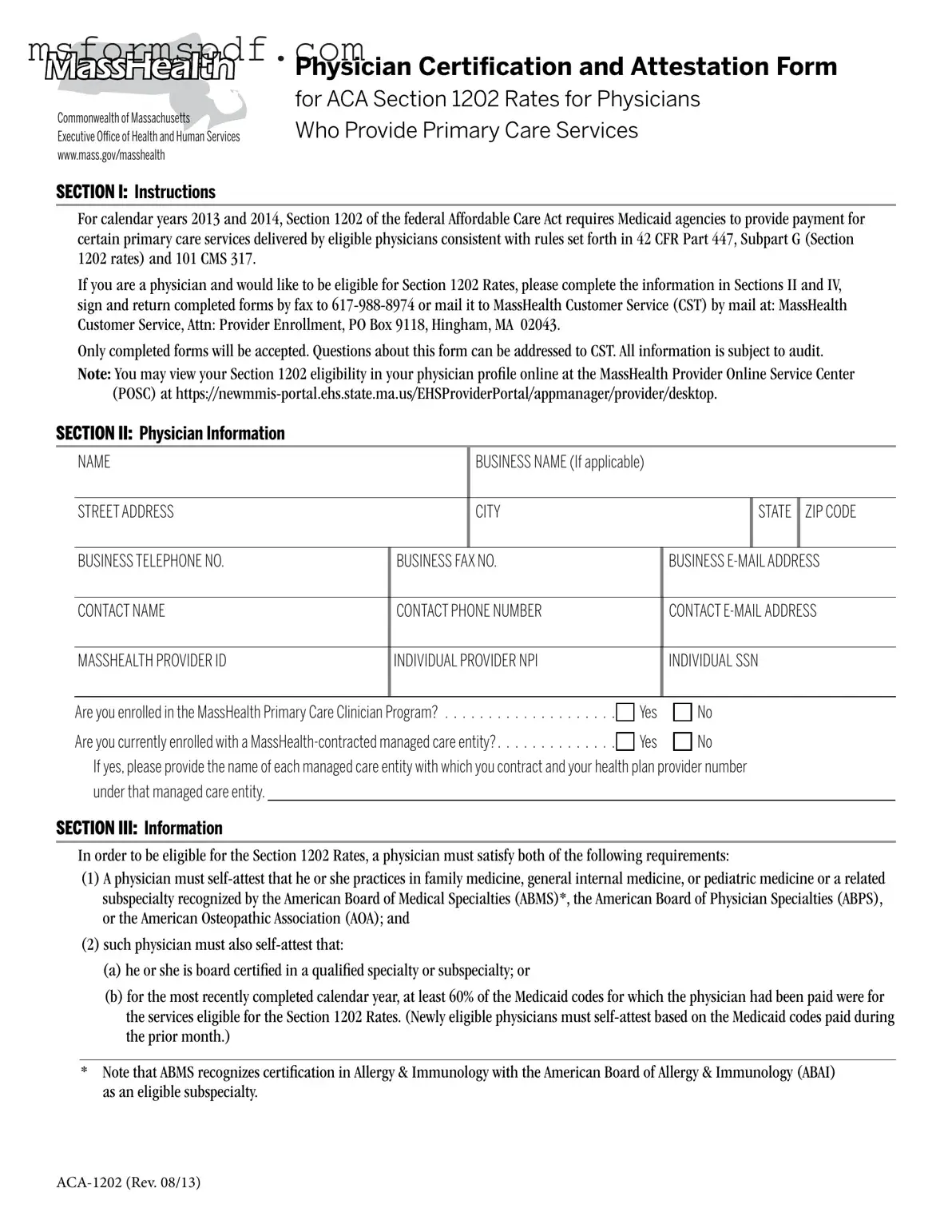 Free Massachusetts Aca 1202 Template in PDF