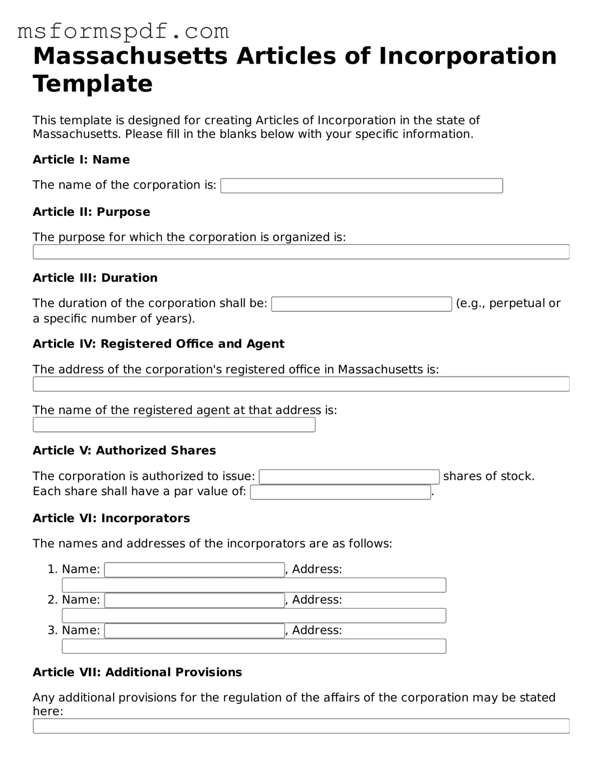 Blank Massachusetts Articles of Incorporation Document
