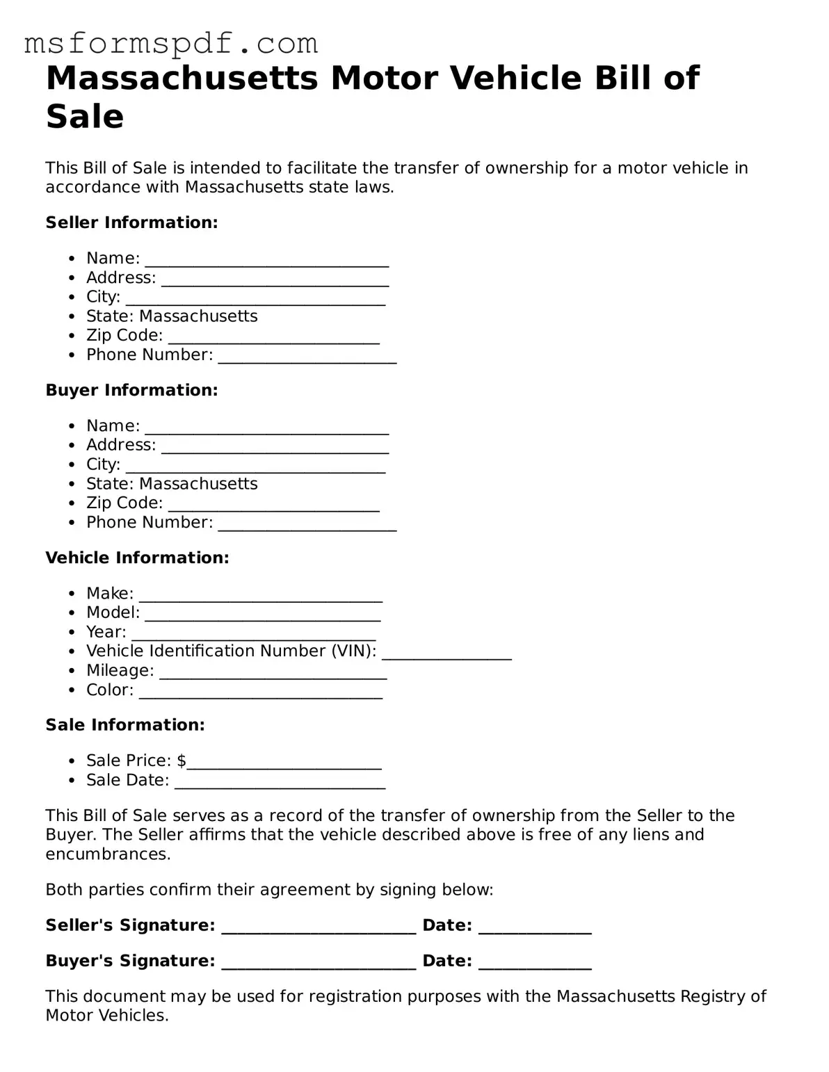 Blank Massachusetts Motor Vehicle Bill of Sale Document