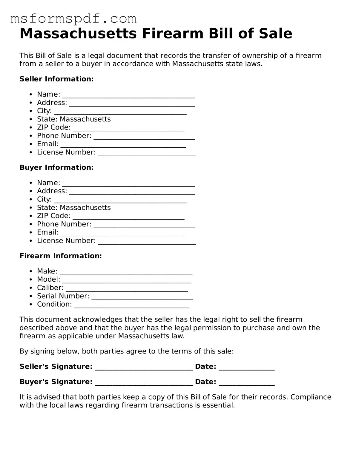 Blank Massachusetts Firearm Bill of Sale Document