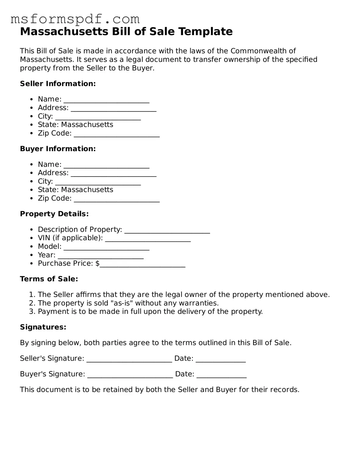 Blank Massachusetts Bill of Sale Document