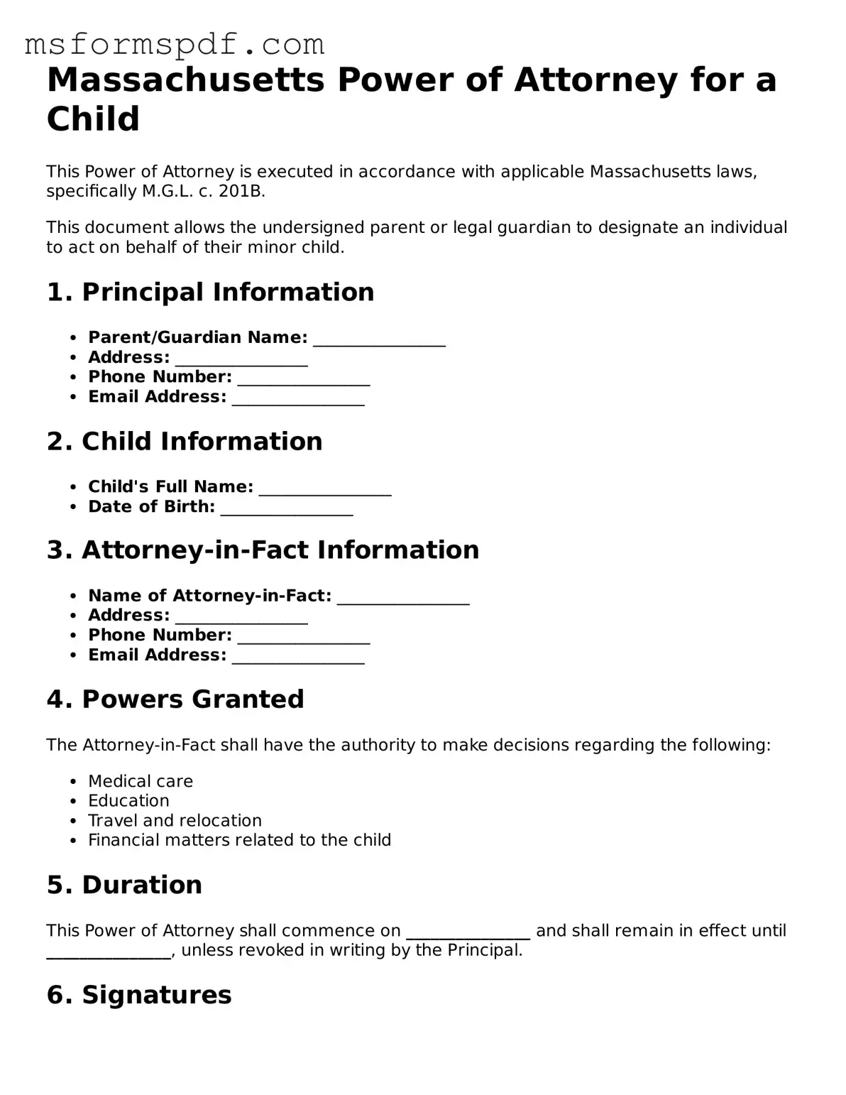 Blank Massachusetts Power of Attorney for a Child Document