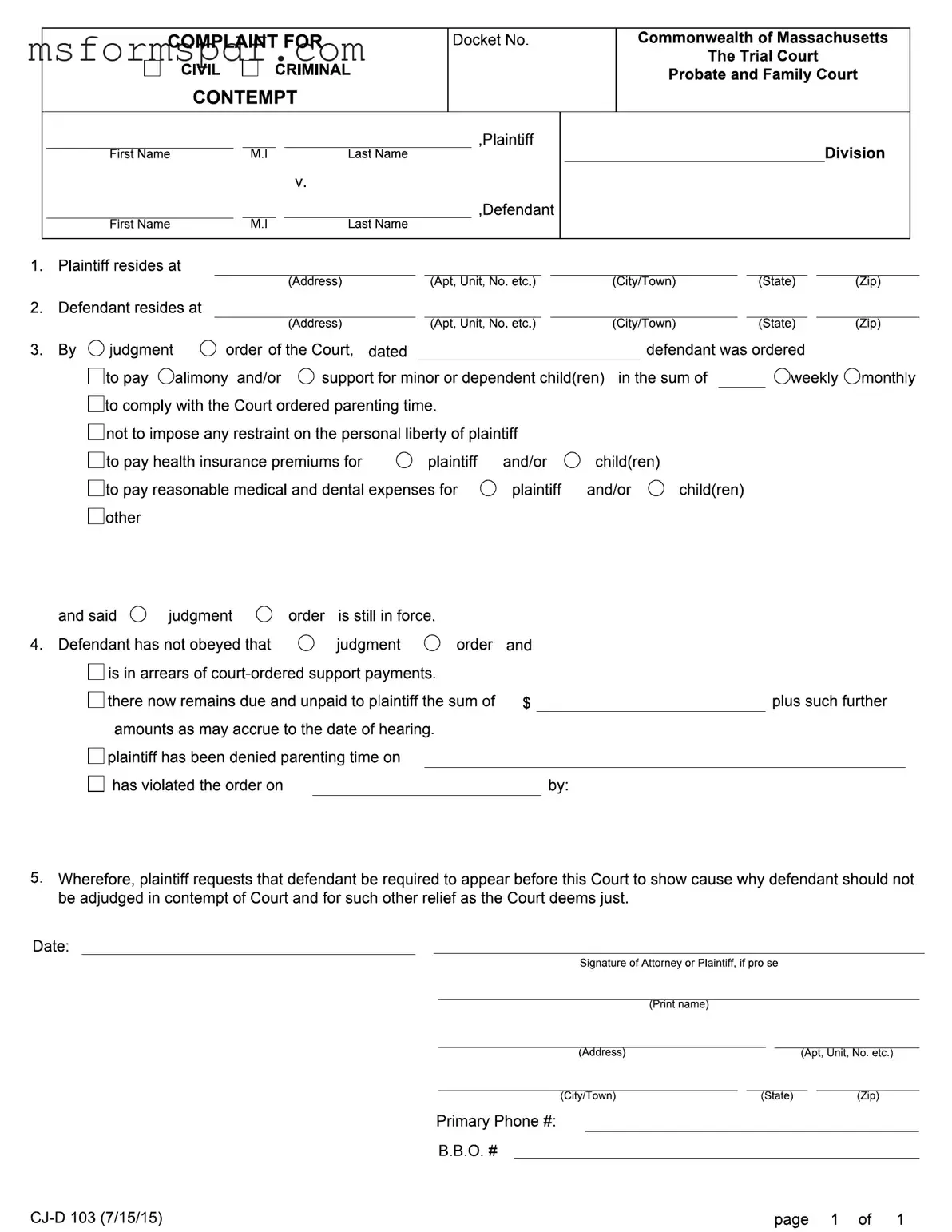 Free Massachusetts Complaint For Contempt Template in PDF