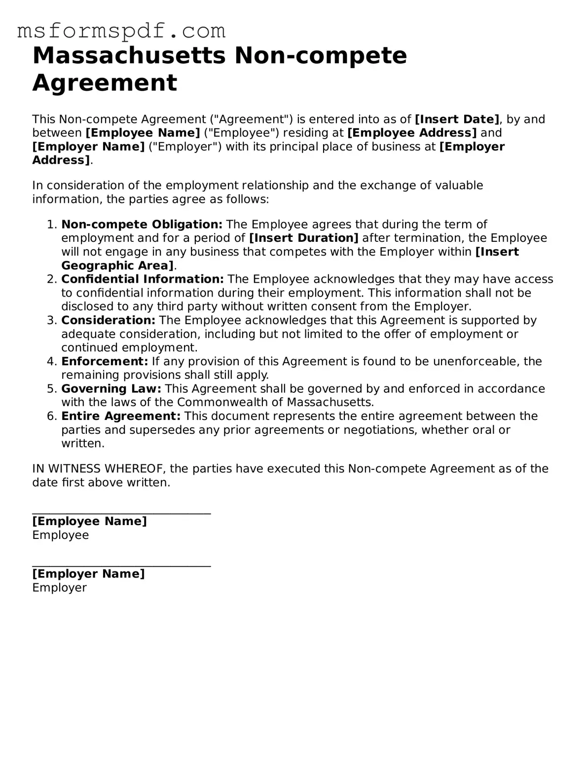 Blank Massachusetts Non-compete Agreement Document