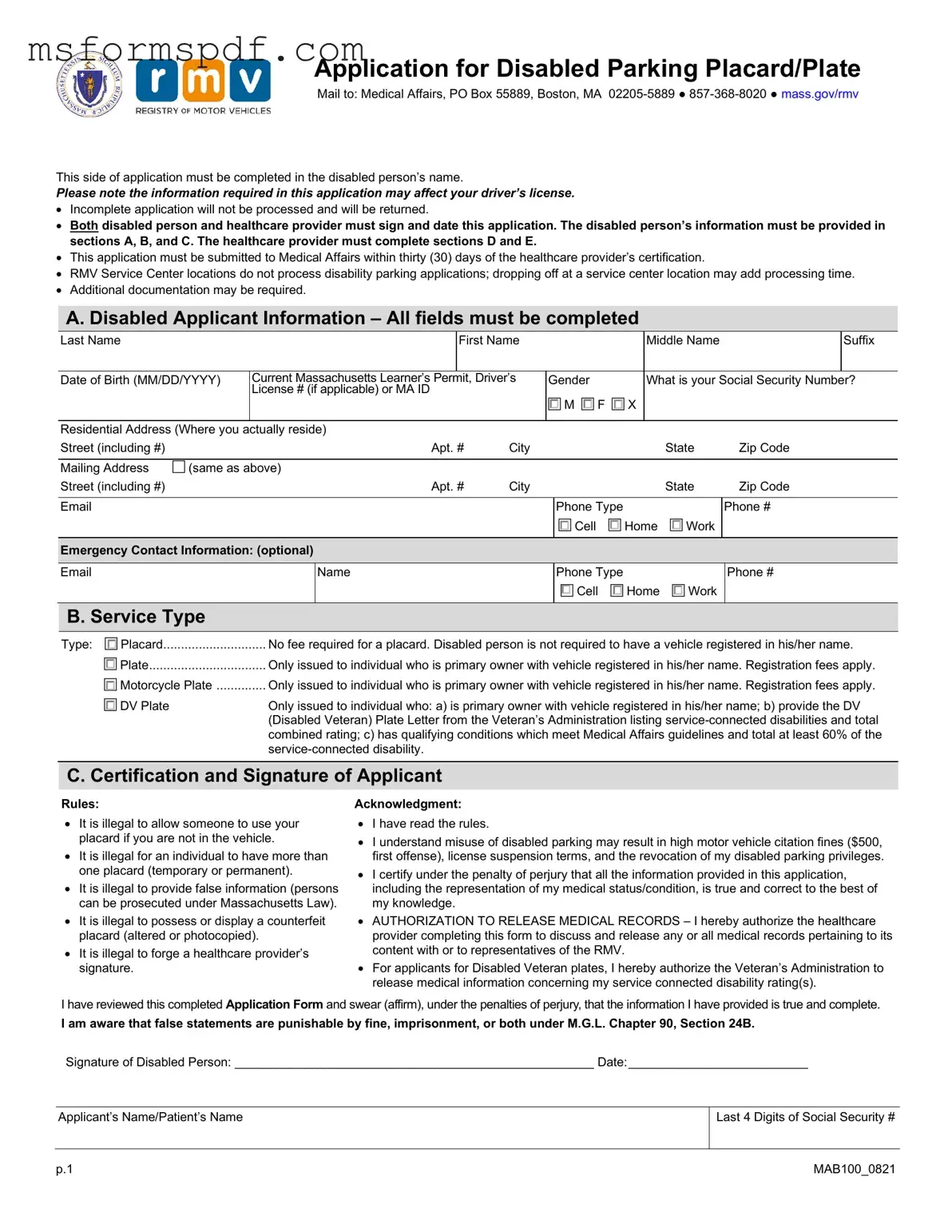 Free Massachusetts Disabled Parking App Template in PDF