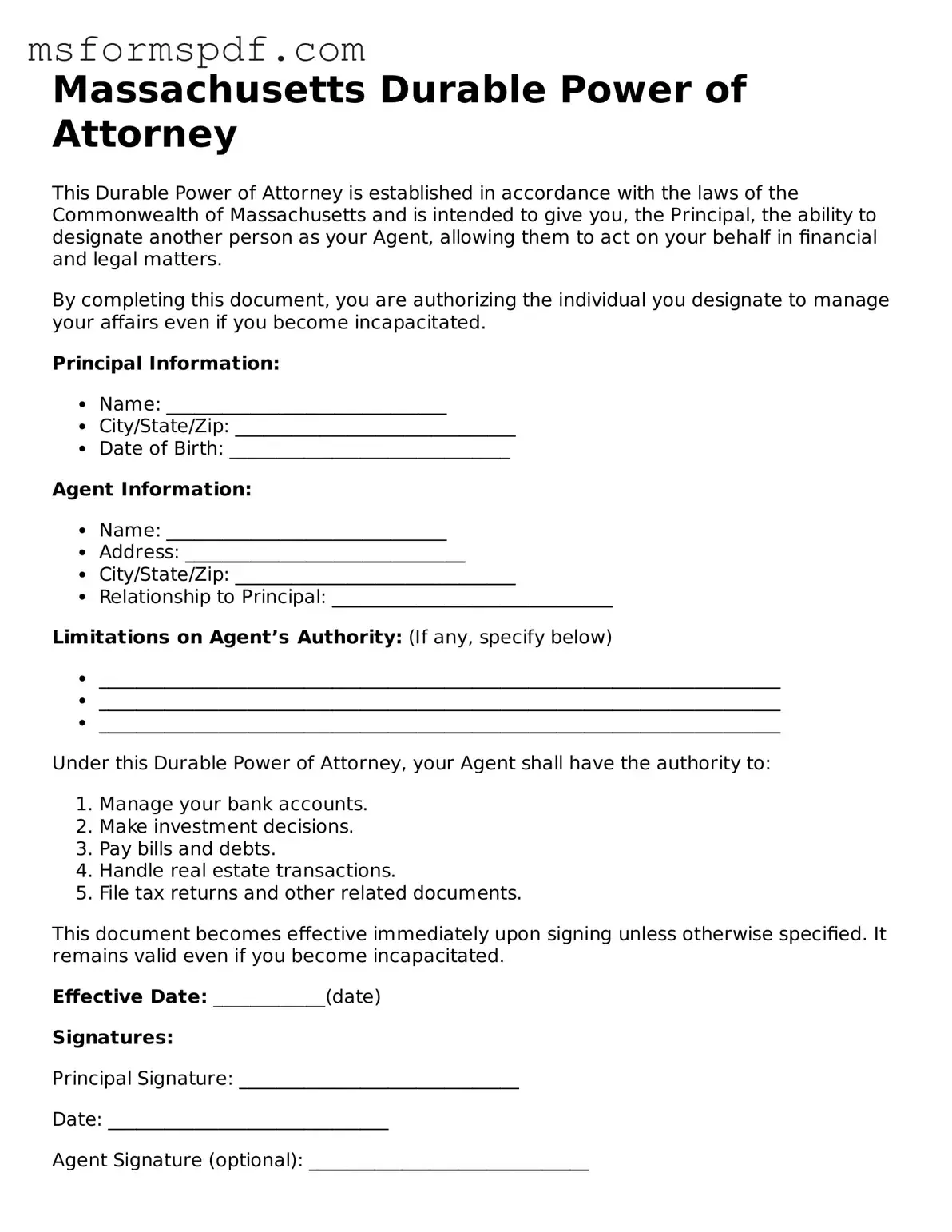 Blank Massachusetts Durable Power of Attorney Document