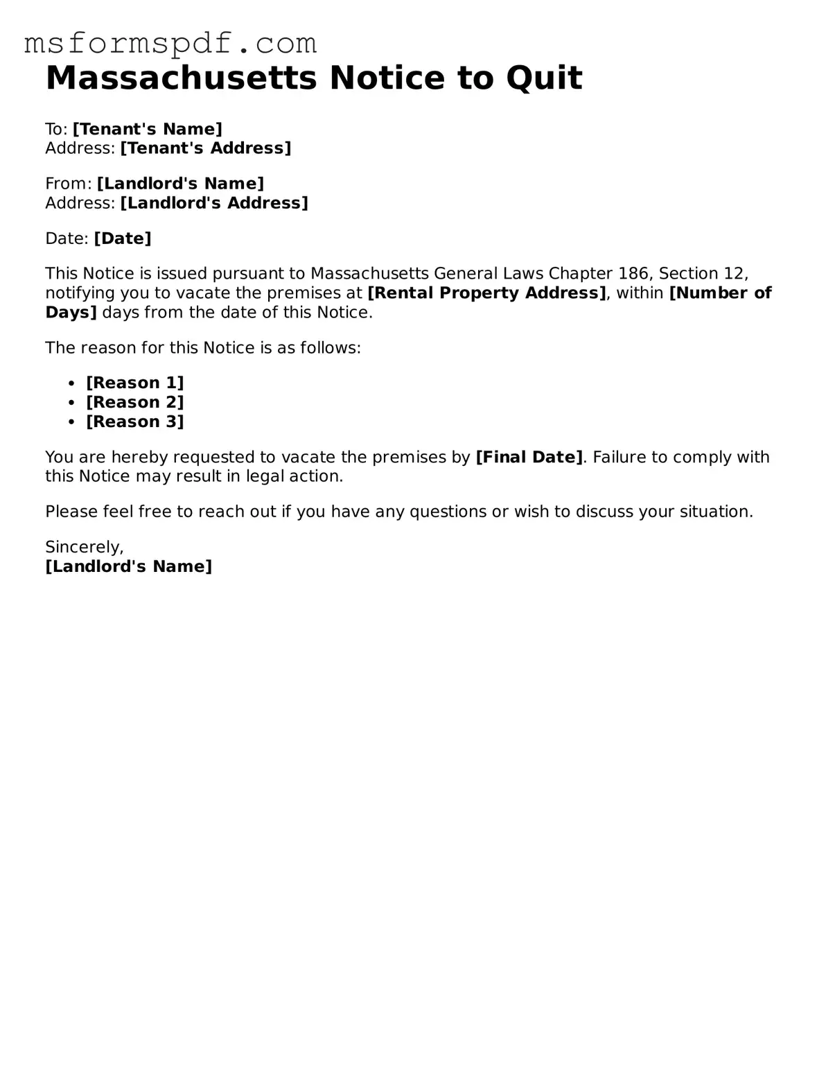 Blank Massachusetts Notice to Quit Document