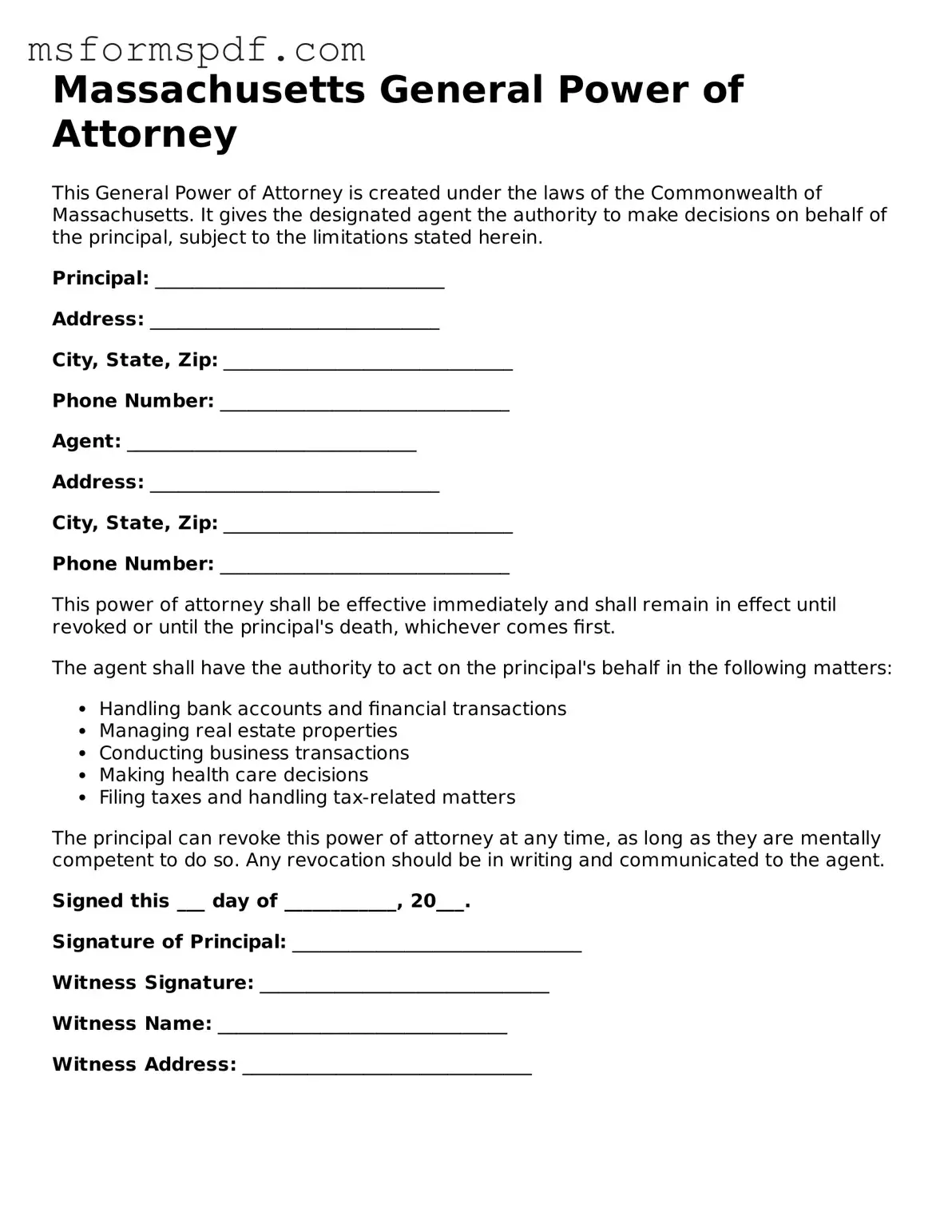 Blank Massachusetts General Power of Attorney Document