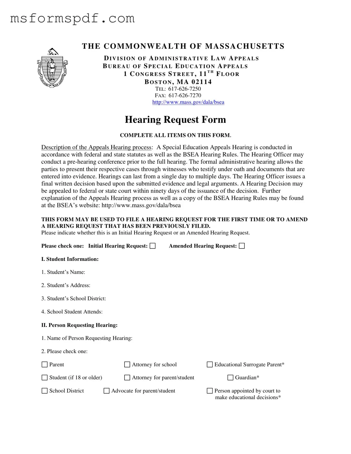 Free Massachusetts Hearing Request Template in PDF