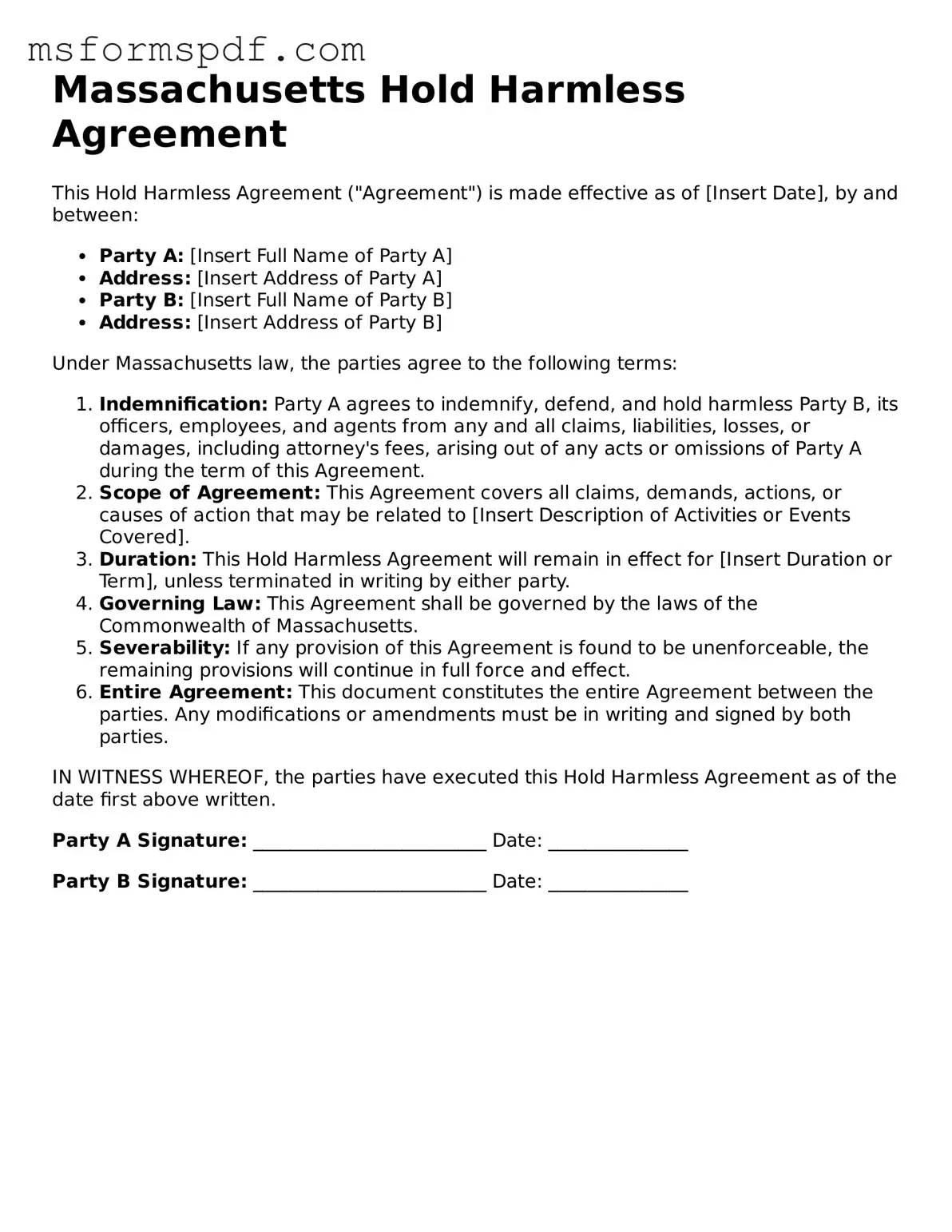 Blank Massachusetts Hold Harmless Agreement Document