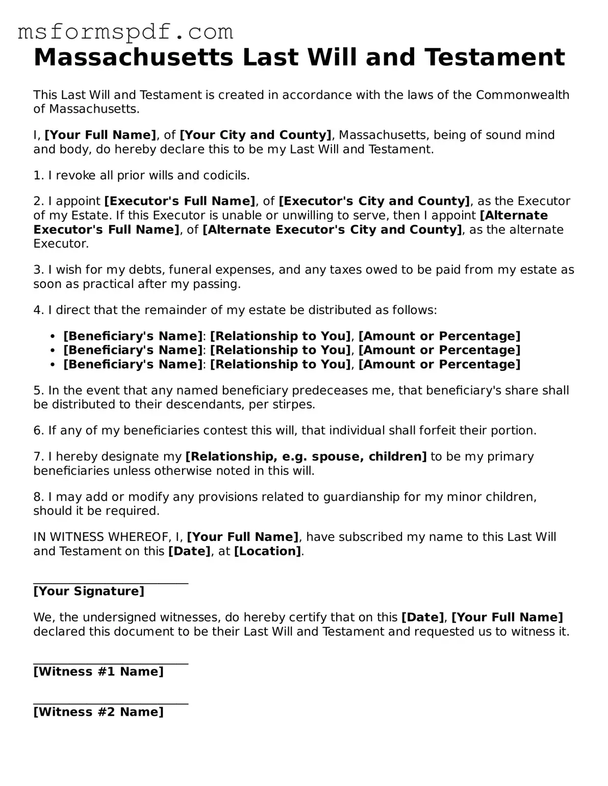 Blank Massachusetts Last Will and Testament Document