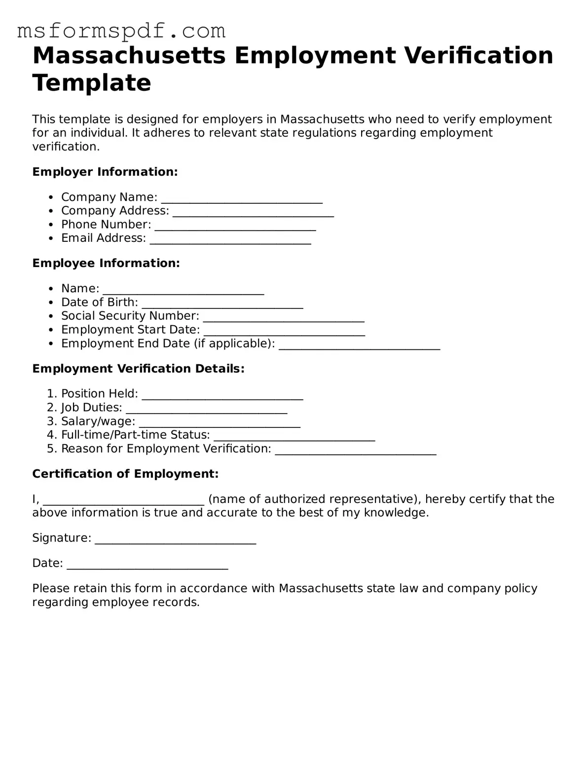 Blank Massachusetts Employment Verification Document