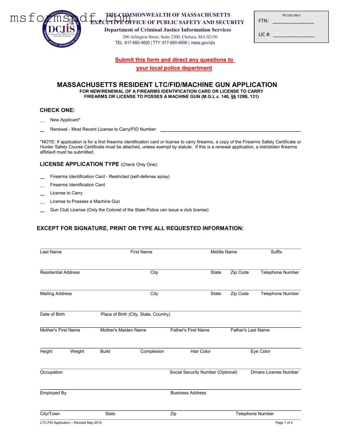 Free Massachusetts Ltc Fid Template in PDF