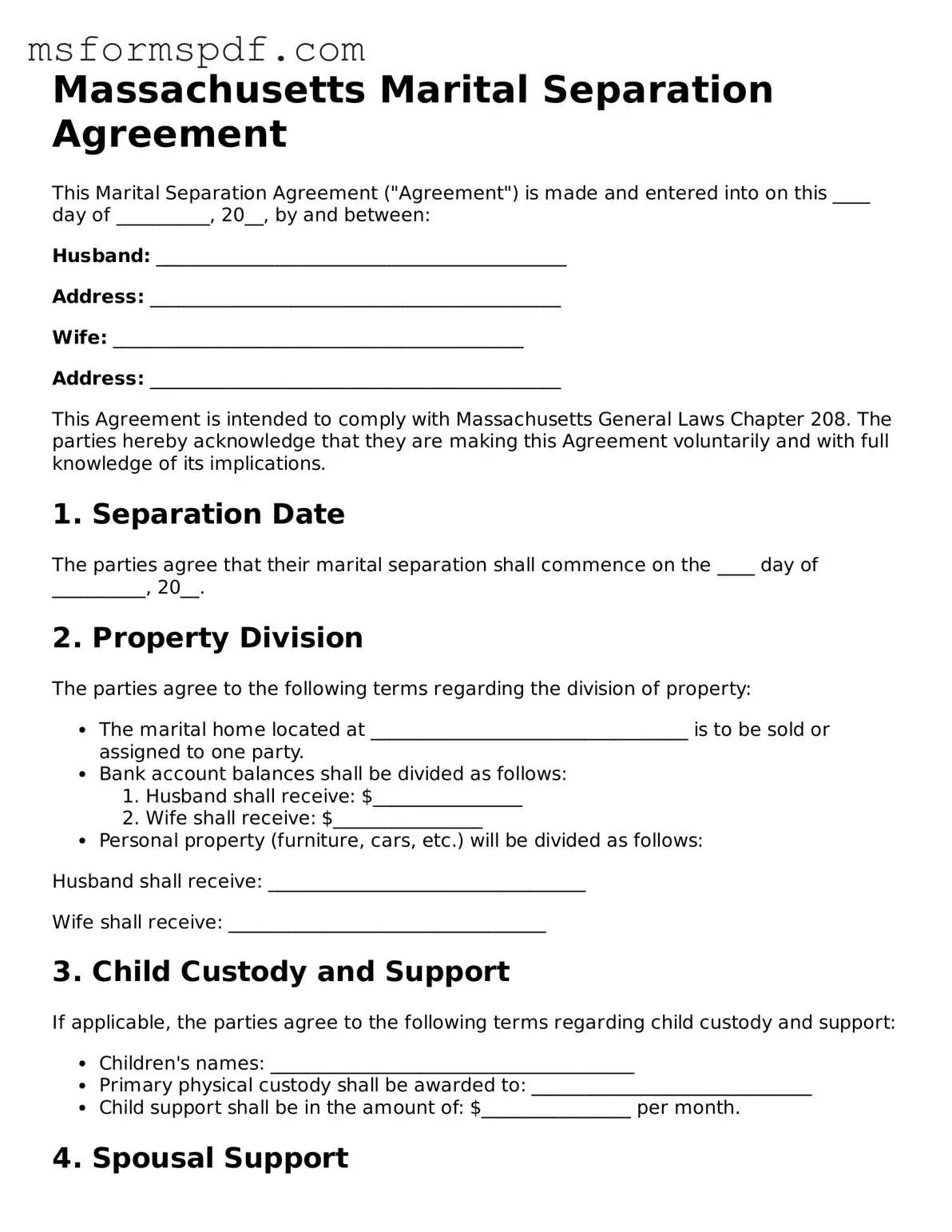 Blank Massachusetts Marital Separation Agreement Document