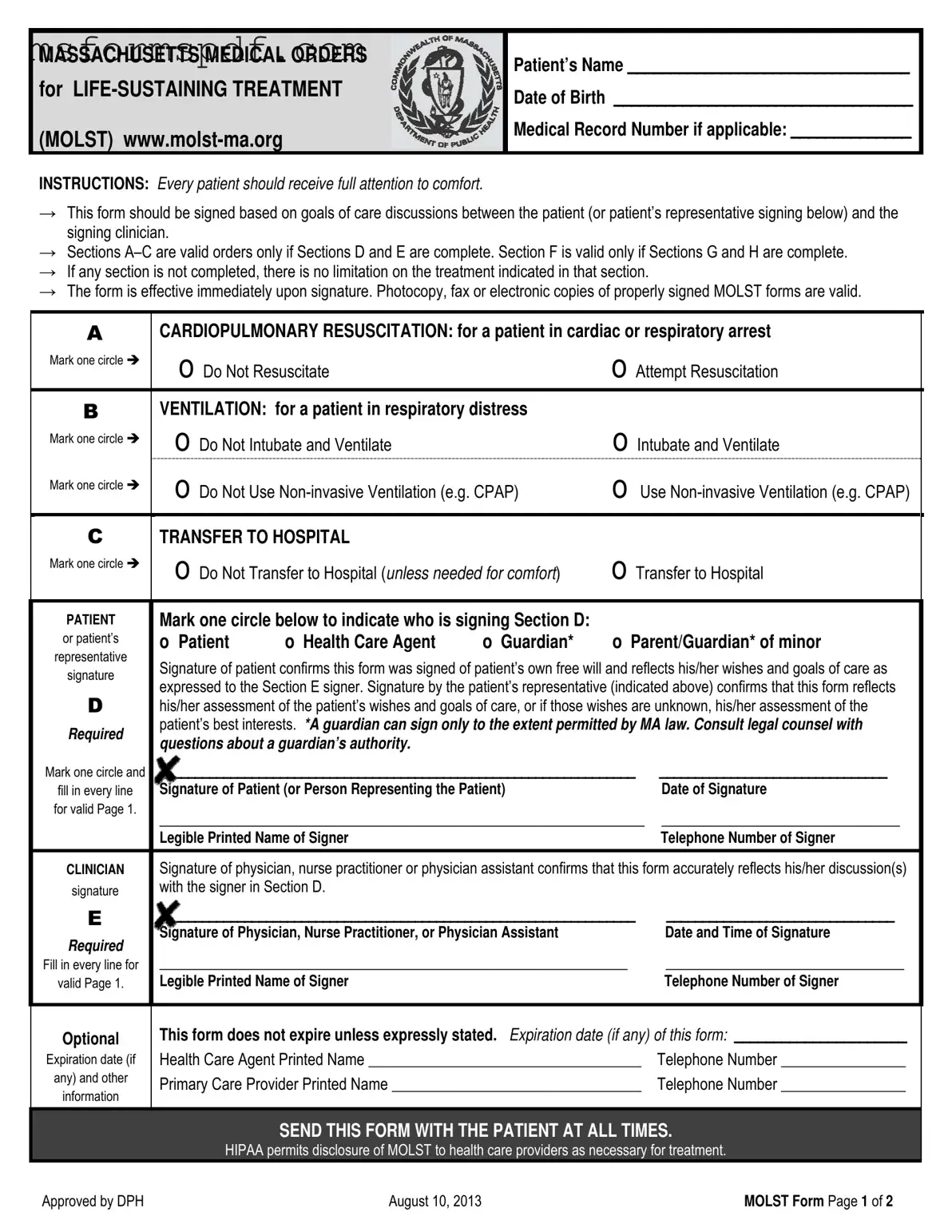 Free Massachusetts Molst Template in PDF
