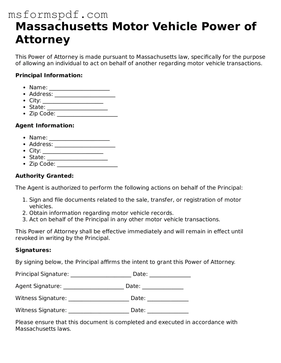 Blank Massachusetts Motor Vehicle Power of Attorney Document