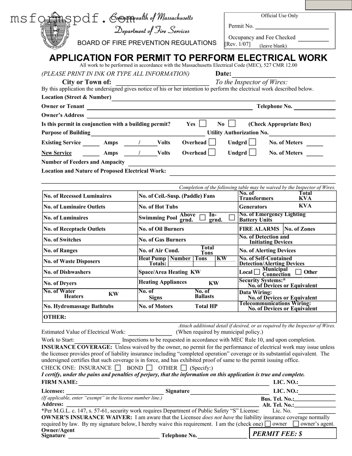 Free Massachusetts Permit Electrical Template in PDF