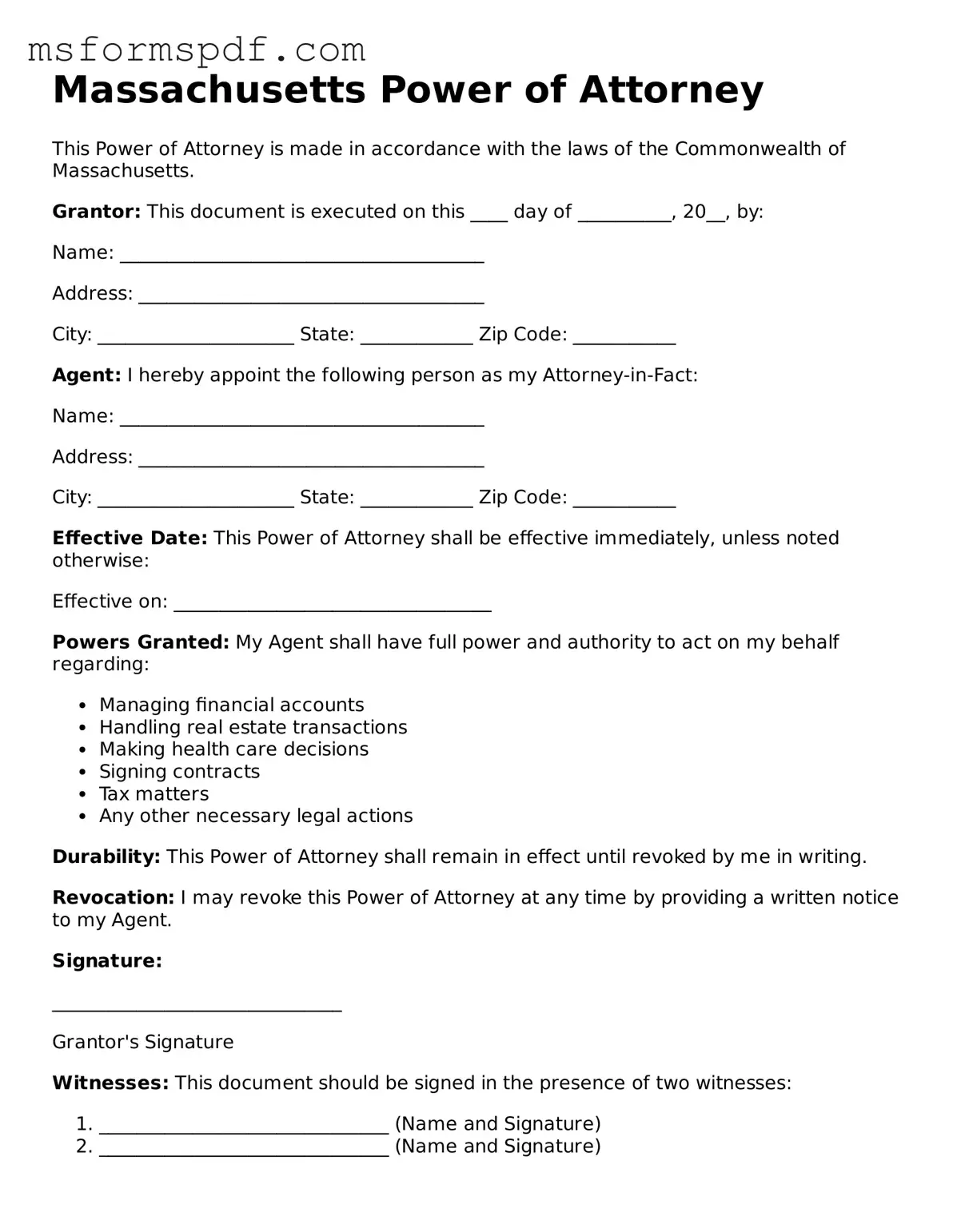 Blank Massachusetts Power of Attorney Document