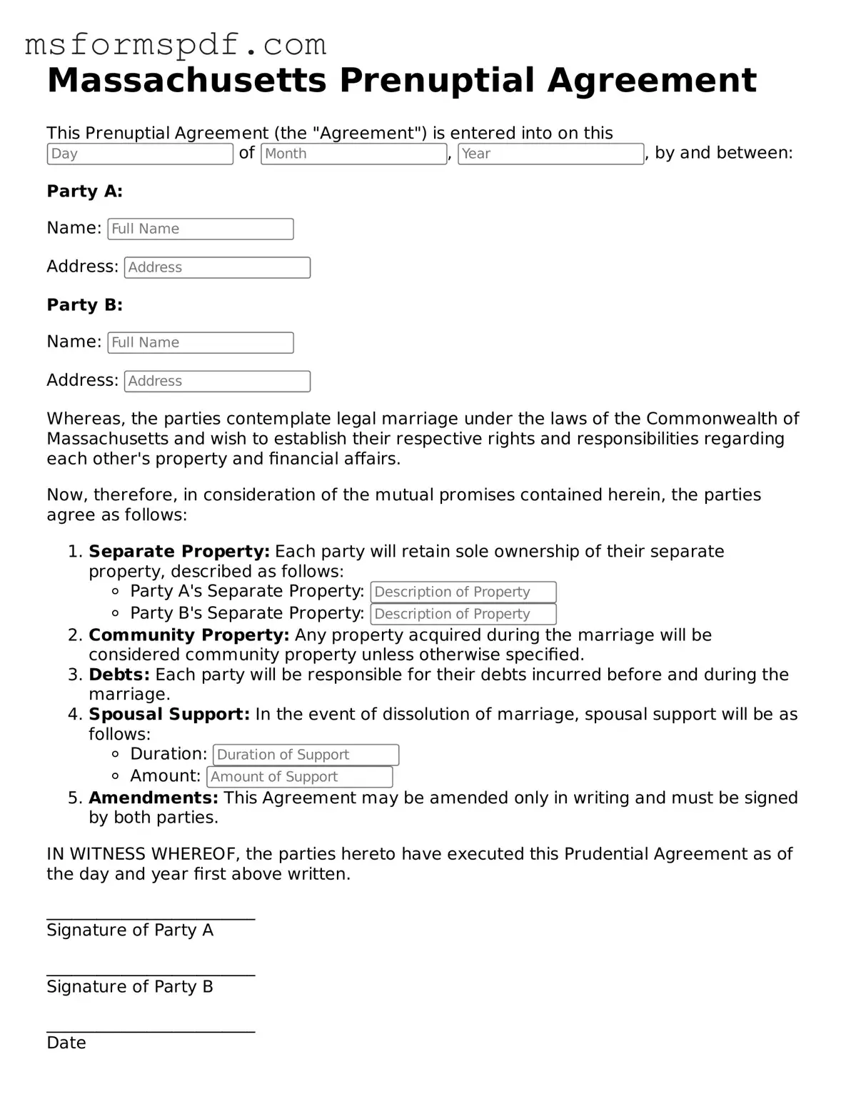 Blank Massachusetts Prenuptial Agreement Document