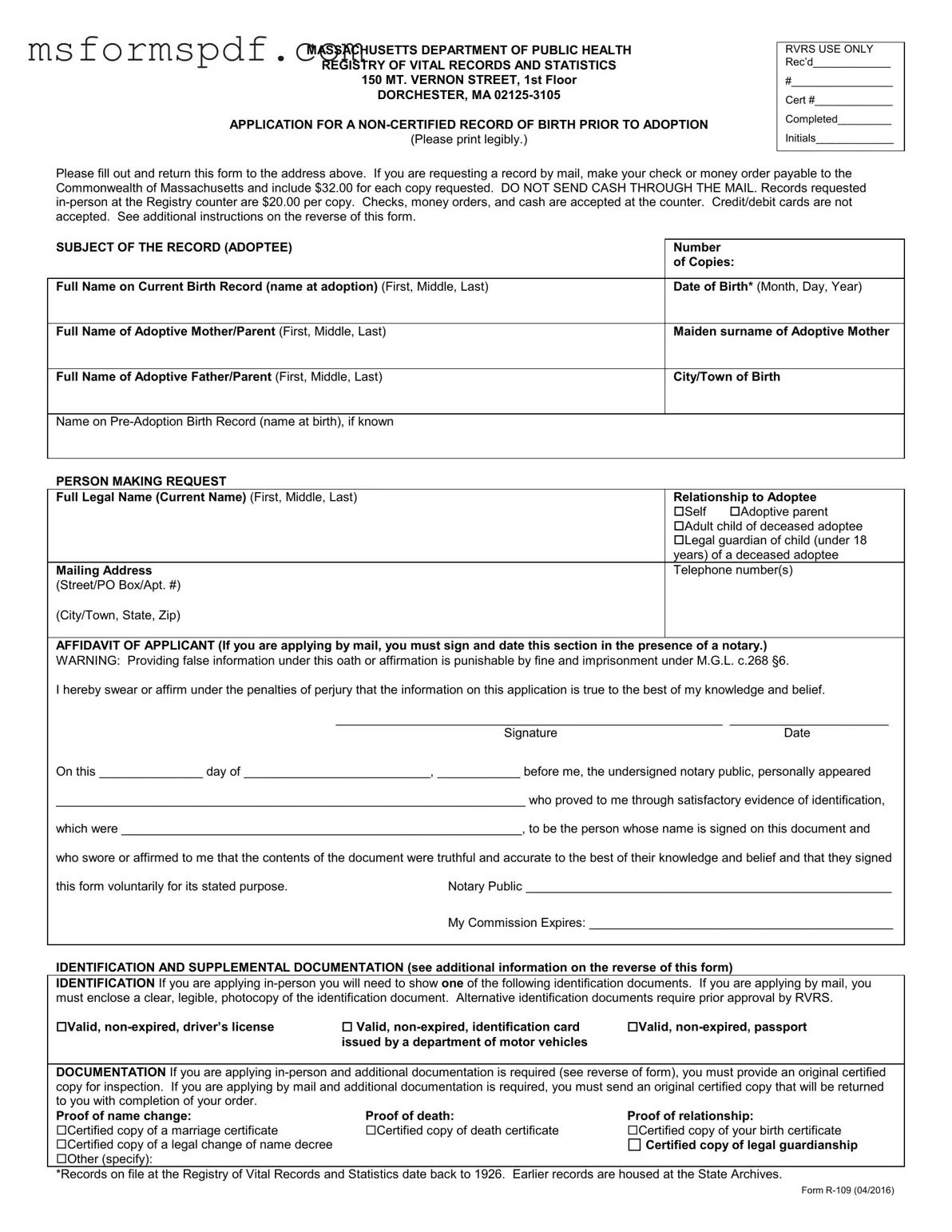 Free Massachusetts R 109 Template in PDF
