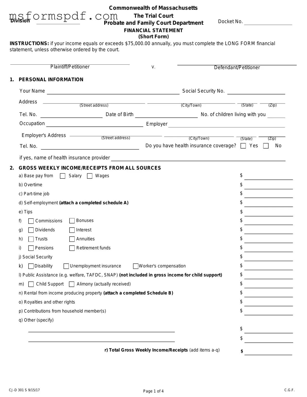 Free Massachusetts Short Financial Statement Template in PDF