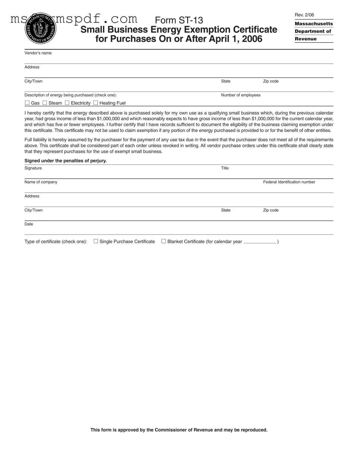 Free Massachusetts St 13 Template in PDF