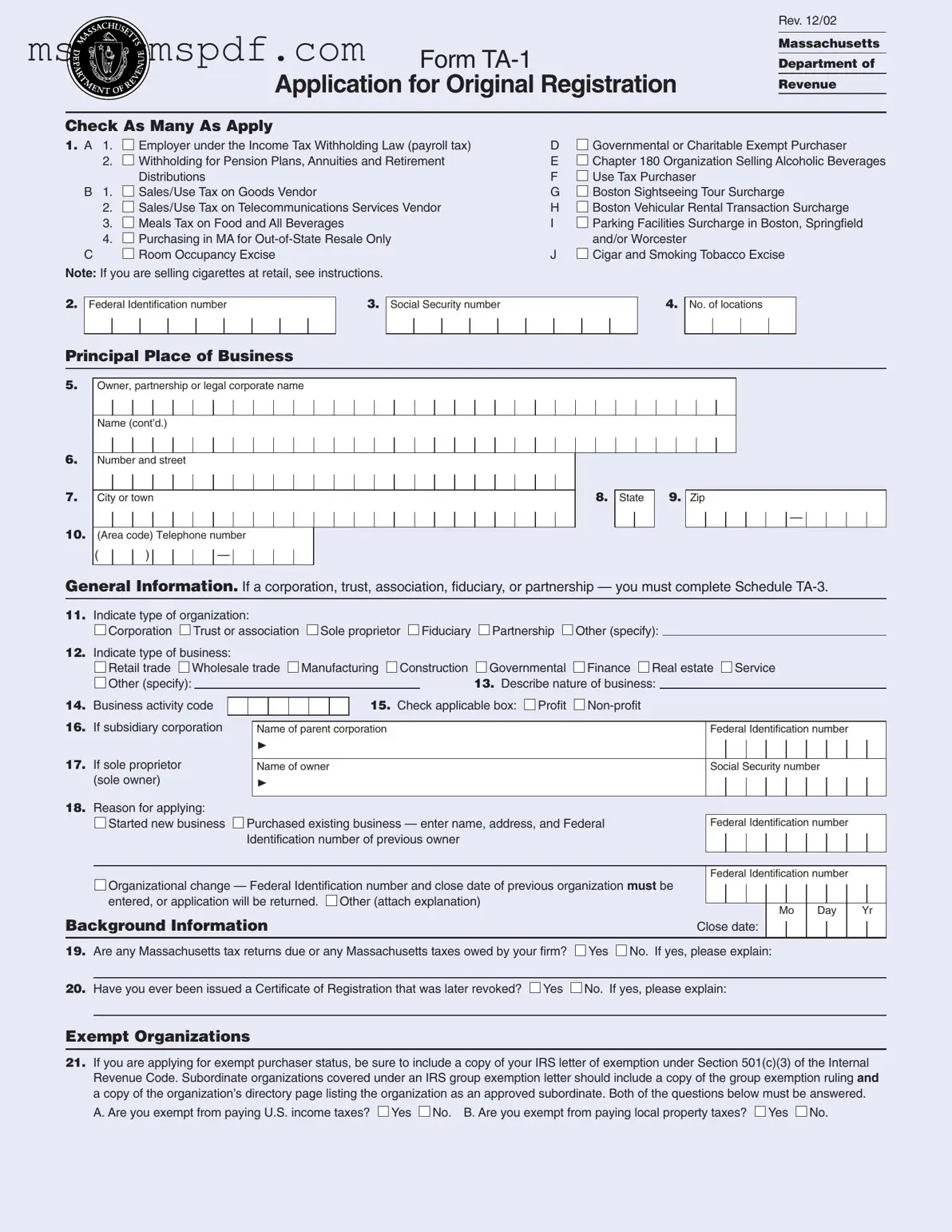 Free Massachusetts Ta 1 Template in PDF