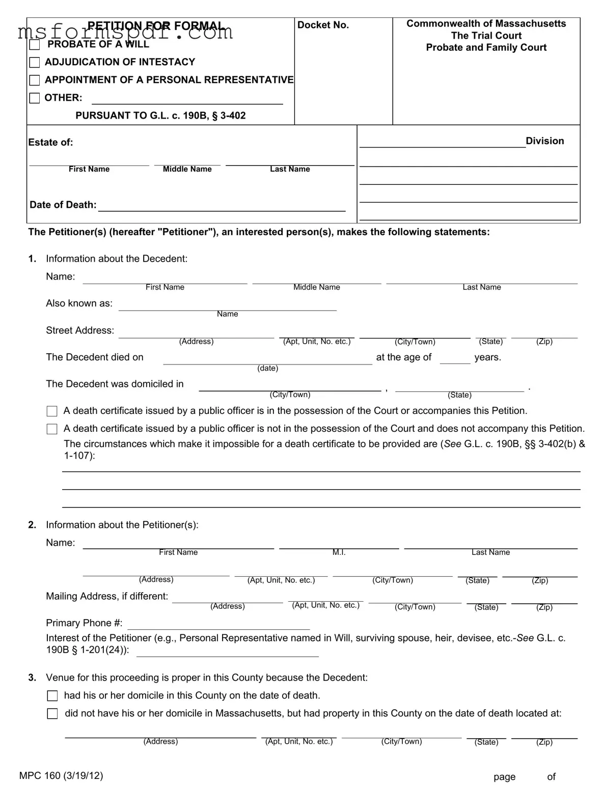 Free Mpc 160 Massachusetts Template in PDF