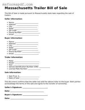 Blank Massachusetts Trailer Bill of Sale Document