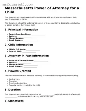 Blank Massachusetts Power of Attorney for a Child Document