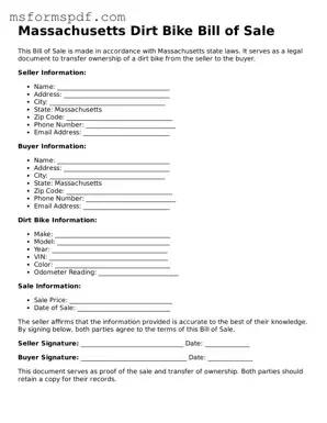 Blank Massachusetts Dirt Bike Bill of Sale Document
