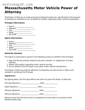 Blank Massachusetts Motor Vehicle Power of Attorney Document