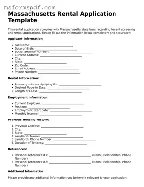 Blank Massachusetts Rental Application Document